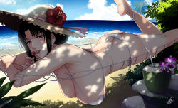 Rule 34 | 1girl, anklet, ass, bad id, bad pixiv id, bikini, black hair, breasts, brown eyes, butt crack, candy, cloud, day, drinking straw, earrings, flower, food, fruit, hammock, hanging breasts, hat, hat flower, hat ribbon, highres, hoop earrings, jewelry, large breasts, leg up, lollipop, looking at viewer, lying, mature female, mole, mole under mouth, nush (xter), on stomach, original, outdoors, ribbon, shade, signature, skindentation, solo, strawberry, swimsuit, water, white bikini, xter