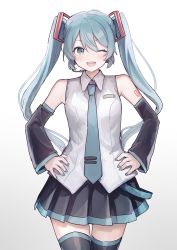 Rule 34 | 1girl, absurdres, aqua nails, black skirt, black sleeves, blue nails, commentary, cowboy shot, detached sleeves, green nails, hand on own hip, hands on own hips, hatsune miku, highres, long hair, nail polish, necktie, one eye closed, open mouth, pleated skirt, shiratakiseaice, shirt, shoulder tattoo, skirt, sleeveless, solo, tattoo, thighhighs, twintails, very long hair, vocaloid
