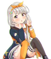 Rule 34 | 1girl, :o, asymmetrical legwear, bad id, bad pixiv id, black footwear, black jacket, black shorts, black thighhighs, blush, boots, braid, braided bangs, chromatic aberration, commentary request, cross-laced footwear, double v, feet out of frame, grey eyes, grey hair, hair between eyes, hair ribbon, hands up, highres, hisakawa nagi, idolmaster, idolmaster cinderella girls, idolmaster cinderella girls starlight stage, jacket, lace-up boots, long hair, long sleeves, looking at viewer, low twintails, mitsumine raimu, orange ribbon, orange thighhighs, parted lips, ribbon, shorts, simple background, sitting, solo, thighhighs, twintails, uneven legwear, v, very long hair, white background