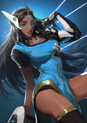 Rule 34 | 1girl, black hair, black thighhighs, blue-tinted eyewear, blue background, blue dress, breasts, brown eyes, circlet, cowboy shot, cyborg, dark-skinned female, dark skin, diaodiao, dress, forehead jewel, hand in own hair, headgear, holding, holding weapon, jewelry, long hair, looking at viewer, mechanical arms, nail polish, necklace, overwatch, overwatch 1, parted lips, pelvic curtain, short sleeves, single mechanical arm, solo, symmetra (overwatch), thighhighs, tinted eyewear, very long hair, visor, weapon