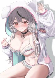 Rule 34 | 1girl, animal hood, ara1e, bikini, black choker, black hair, blush, breasts, choker, claw pose, cleavage, collarbone, commentary, cosplay, frilled bikini, frills, furrowed brow, grey hair, hair between eyes, hakui koyori, hakui koyori (cosplay), hakui koyori (summer), hand up, heart, heart choker, highres, hololive, hood, hood up, hooded jacket, jacket, large breasts, long hair, long sleeves, looking at viewer, midriff, multicolored hair, navel, open clothes, open jacket, parted lips, red eyes, sakamata chloe, solo, streaked hair, swimsuit, symbol-only commentary, twintails, upper body, virtual youtuber, white bikini, white jacket