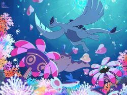 Rule 34 | alternate color, animal focus, bubble, chikafuji, closed eyes, colored skin, commentary request, coral, coral reef, creatures (company), finneon, fish, game freak, gen 2 pokemon, gen 3 pokemon, gen 4 pokemon, highres, legendary pokemon, lileep, lugia, luvdisc, mantine, nintendo, no humans, pokemon, pokemon (creature), shiny pokemon, solid circle eyes, sparkle, sunlight, tail, underwater, white skin, wings, yellow eyes
