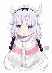 Rule 34 | 10s, 1girl, :o, artist name, black ribbon, blue eyes, blush, capelet, dragon girl, dragon horns, dragon tail, hair bobbles, hair ornament, hair ribbon, horns, kanna kamui, kobayashi-san chi no maidragon, looking at viewer, low twintails, open mouth, ribbon, signature, silver hair, simple background, solo, tail, tr (kangtw123), twintails, white background