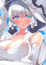 Rule 34 | 1girl, azur lane, blue eyes, blush, breast hold, breasts, cleavage, dress, elbow gloves, gem, gloves, hat, highres, illustrious (azur lane), large breasts, long hair, looking at viewer, painting (medium), purple gemstone, ryoutsu, solo, strapless, strapless dress, sun hat, traditional media, upper body, watercolor (medium), white dress, white gloves, white hat