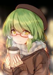 Rule 34 | 1girl, beret, bison cangshu, closed mouth, coat, cup, disposable coffee cup, disposable cup, enpera, glasses, green hair, grey scarf, hair between eyes, hat, looking at viewer, original, red-framed eyewear, scarf, semi-rimless eyewear, sleeves past wrists, smile, solo, sweater, under-rim eyewear, yellow eyes
