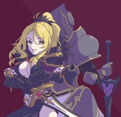Rule 34 | 2girls, armor, back-to-back, bad id, bad pixiv id, black dress, blonde hair, breastplate, breasts, brown background, brown eyes, capelet, christina (princess connect!), cleavage, dress, fur-trimmed capelet, fur trim, hair between eyes, helm, helmet, high ponytail, highres, holding, holding sword, holding weapon, ichiren namiro, jun (princess connect!), long hair, medium breasts, multiple girls, parted bangs, parted lips, pauldrons, ponytail, princess connect!, purple capelet, shoulder armor, sidelocks, smile, sword, v-shaped eyebrows, weapon