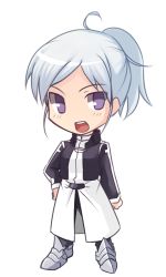 Rule 34 | 00s, 1girl, ahoge, armor, chibi, greaves, long hair, melty blood, ponytail, purple eyes, riesbyfe stridberg, silver hair, solo, transparent background, tsukihime, tusia