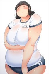 Rule 34 | 1girl, black eyes, black hair, blush, breasts, fat, highres, huge breasts, navel, open mouth, shimejix, solo, thick thighs, thighs