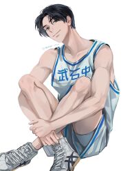 Rule 34 | 1boy, aged down, basketball jersey, basketball uniform, beaker pour, black eyes, black hair, closed mouth, highres, looking at viewer, male focus, mitsui hisashi, on floor, shoes, short hair, shorts, simple background, sitting, slam dunk (series), smile, sneakers, solo, sportswear, tank top, toned, toned male, white background, white footwear, white shorts, white tank top