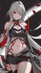 Rule 34 | 1girl, absurdres, acheron (honkai: star rail), belt, black belt, black choker, black shorts, breasts, choker, cleavage, commentary, cowboy shot, flag888, grey hair, hair ornament, hair over one eye, highres, honkai: star rail, honkai (series), large breasts, long hair, looking at viewer, midriff, navel, official alternate color, red eyes, short shorts, shorts, solo, standing, stomach, thighs, very long hair