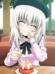 Rule 34 | 1girl, beret, black hat, black ribbon, blurry, blurry background, casual, closed eyes, closed mouth, collar, commentary request, day, depth of field, dessert, eating, facing viewer, food, frilled collar, frilled sleeves, frills, fruit, girls und panzer, grey hair, hand on own face, hat, highres, holding, holding spoon, indoors, itsumi erika, kamishima kanon, medium hair, neck ribbon, partial commentary, pink shirt, ribbon, shirt, smile, solo, spoon, strawberry, tilted headwear