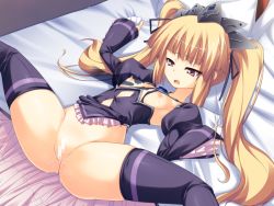 Rule 34 | 1girl, arms up, bed, bed sheet, black ribbon, blonde hair, blunt bangs, boots, bottomless, breasts, breasts out, buttons, censored, center opening, clenched hands, clothed sex, collarbone, d:, disembodied hand, dutch angle, frilled sleeves, frills, game cg, gem, grabbing, grabbing another&#039;s breast, groin, hair ribbon, halterneck, headdress, hetero, homura subaru, implied breast sucking, indoors, juliet sleeves, long hair, long sleeves, looking down, lying, mosaic censoring, nipples, on back, open mouth, oppai sensou: kyonyuu vs hinnyuu, pillow, puffy sleeves, purple footwear, pussy, pussy juice, red eyes, revealing clothes, ribbon, saliva, see-through, sheet grab, sidelocks, skindentation, small breasts, solo, solo focus, spread legs, stomach, teresa premadasa, thigh boots, thighhighs, thighs, tsurime, twintails, very long hair, wavy eyebrows, wavy mouth, zettai saikyou oppai sensou!! kyonyuu oukoku vs hinnyuu oukoku
