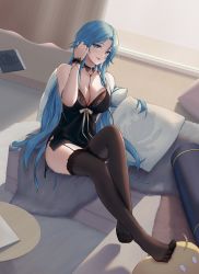 Rule 34 | 1girl, azur lane, bare shoulders, between breasts, black camisole, black garter straps, black nightgown, black thighhighs, blue eyes, blue hair, breasts, camisole, cleavage, day, garter straps, highres, icycore, indoors, lace, lace-trimmed camisole, lace-trimmed collar, lace-trimmed legwear, lace trim, large breasts, long hair, looking at viewer, manjuu (azur lane), nightgown, no shoes, northern parliament (emblem), official alternate costume, pillow, round table, sitting, sleepwear, soles, solo, sovetskaya belorussiya (azur lane), sovetskaya belorussiya (relaxation stratagem) (azur lane), strap between breasts, table, thighhighs, thighs, very long hair