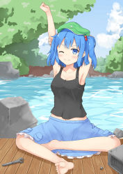Rule 34 | 1girl, arm behind head, armpits, arms up, bare shoulders, barefoot, blue eyes, blue hair, blue sky, blush, blush stickers, breasts, cleavage, cloud, cloudy sky, collarbone, day, eyebrows, forest, full body, hair bobbles, hair ornament, hat, hazao (luckytewi), highres, kawashiro nitori, looking at viewer, matching hair/eyes, nature, navel, one eye closed, pocket, rock, screw, sideboob, sitting, skirt, sky, sleeveless, smile, soles, solo, stretching, tank top, touhou, tree, two side up, water, wooden floor, wrench