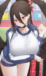 Rule 34 | 1girl, black choker, black wings, blue archive, blue jacket, blue shorts, blush, breasts, brown hair, choker, closed mouth, collarbone, crying eye, day, feathered wings, gym shirt, gym shorts, hair between eyes, halo, hasumi (blue archive), hasumi (track) (blue archive), highres, holding, holding pen, huge breasts, jacket, leaning forward, long hair, long sleeves, looking at viewer, mole, mole under eye, official alternate costume, open clothes, open jacket, outdoors, pen, ponytail, red eyes, shirt, short shorts, shorts, solo, track and field, track jacket, very long hair, white shirt, wings