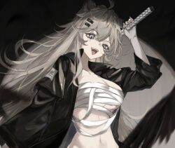 Rule 34 | 1girl, :d, ahoge, animal ears, arknights, arm up, bandages, black jacket, breasts, chest sarashi, commentary, grey eyes, grey hair, holding, jacket, lappland (arknights), large breasts, long hair, long sleeves, looking at viewer, midriff, navel, open clothes, open jacket, open mouth, sarashi, smile, solo, stomach, strapless, teen a, tube top, upper body, very long hair, wolf ears