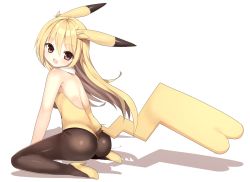 Rule 34 | 1girl, ass, bare shoulders, black pantyhose, blonde hair, blush, brown eyes, clothing cutout, creatures (company), from behind, full body, game freak, gen 1 pokemon, high heels, highres, kuro guren, leotard, long hair, looking at viewer, nintendo, nontraditional playboy bunny, open mouth, pantyhose, personification, pikachu, pikachu ears, pikachu tail, playboy bunny, pokemon, pokemon ears, pokemon tail, sitting, solo, tail, tail through clothes, wariza, white background