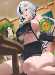 Rule 34 | 1girl, alternate costume, apron, arlecchino (genshin impact), bare shoulders, black apron, black eyes, black hair, black panties, black skin, bottle, breasts, colored skin, commentary request, from below, genshin impact, grey hair, highres, holding, holding bottle, holding toy, hood (james x), indoors, large breasts, long hair, looking at viewer, multicolored hair, nearly naked apron, open mouth, panties, red hair, sideboob, solo, streaked hair, symbol-shaped pupils, thighs, toy, underwear, x-shaped pupils