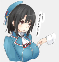 Rule 34 | 10s, 1girl, :o, admiral (kancolle), beret, black hair, breast poke, breasts, hat, kantai collection, large breasts, open mouth, poking, red eyes, saku (kudrove), short hair, solo focus, takao (kancolle), translated, upper body