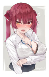Rule 34 | 1girl, absurdres, alternate costume, arm under breasts, between breasts, black bra, black skirt, blouse, blue necktie, blush, border, bra, breasts, cleavage, cropped torso, embarrassed, flying sweatdrops, hair ribbon, hangetsu15, heterochromia, highres, hololive, houshou marine, lace, lace-trimmed bra, lace trim, large breasts, looking at viewer, loose necktie, necktie, necktie between breasts, outside border, partially unbuttoned, red eyes, red hair, red ribbon, ribbon, shirt, skirt, solo, tearing up, twintails, twitter username, underwear, virtual youtuber, white border, white shirt, yellow eyes