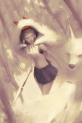 Rule 34 | 1girl, alex chow, armband, armpits, black hair, black shirt, black skirt, commentary, earrings, english commentary, closed eyes, facepaint, forest, fur shirt, holding, holding spear, holding weapon, hunting, jewelry, mononoke hime, nature, necklace, parted lips, polearm, san (mononoke hime), scenery, shirt, short hair, skirt, sleeveless, sleeveless shirt, solo, spear, standing, tooth necklace, tree, undershirt, weapon, white shirt, wolf