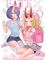 Rule 34 | 2girls, arm up, backpack, bag, bike shorts, blue shirt, blue skirt, bow, braid, brown eyes, brown hair, camisole, camisole over clothes, candy, crime prevention buzzer, drooling, facial mark, fangs, fate/grand order, fate (series), food, forehead mark, grey skirt, hair bow, hand to own mouth, holding, horn bow, horn ornament, horns, ibaraki douji (fate), jewelry, kneehighs, kneeling, lollipop, long hair, looking at viewer, microskirt, midriff, miniskirt, miyako (xxxbibit), multiple girls, navel, oni, open mouth, pink camisole, polka dot, polka dot bow, purple eyes, purple hair, randoseru, ribbon, ring, seiza, shirt, shoes, short hair, short shorts, shorts, shorts under skirt, shuten douji (fate), sitting, skin-covered horns, skirt, smile, sneakers, socks, sticker, striped clothes, striped legwear, striped thighhighs, thighhighs, two side up, white legwear, white shirt, zettai ryouiki