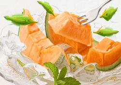 Rule 34 | absurdres, animal focus, cantaloupe, dated, fish, food, food focus, fork, fruit, highres, ice, leaf, melon, no humans, original, plate, shadow, signature, tainosuke, white background