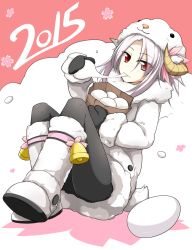 Rule 34 | 10s, 1girl, 2015, animal hat, black gloves, black pantyhose, boots, chinese zodiac, eating, food, fur boots, gloves, hat, horns, knee boots, looking at viewer, original, pantyhose, red-eyes macadamiachoco, red eyes, sheep hat, sheep horns, short hair, snow boots, solo, white footwear, white hair, year of the goat