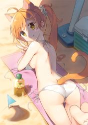 Rule 34 | 1girl, ahoge, animal ear fluff, animal ears, ass, bare arms, bare legs, bare shoulders, barefoot, beach, bikini, breasts, brown eyes, brown hair, cat ears, cat girl, cat tail, closed mouth, commentary request, cooler, day, hair between eyes, hair ornament, hair scrunchie, kutata, legs up, long hair, looking at viewer, looking back, lotion, lotion bottle, lying, medium breasts, on stomach, original, outdoors, ponytail, sand, scrunchie, side-tie bikini bottom, sideboob, smile, soles, solo, swimsuit, tail, untied bikini, v, white bikini, white scrunchie