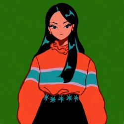 Rule 34 | 1girl, black eyes, black hair, earrings, flat color, green background, jewelry, long hair, looking at viewer, minillustration, original, shadow, shirt, shirt tucked in, simple background, solo, striped clothes, striped shirt, upper body