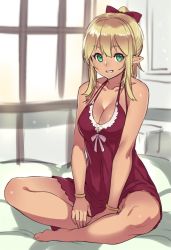Rule 34 | 1girl, bare shoulders, barefoot, blonde hair, bow, bracelet, breasts, cleavage, collarbone, dress, elf, green eyes, grin, hair bow, halterneck, houtengeki, indian style, jewelry, large breasts, looking at viewer, pointy ears, ponytail, red dress, sidelocks, sitting, smile, solo