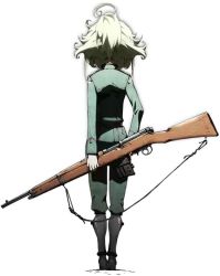 Rule 34 | 10s, 1girl, arms behind back, bolt action, female focus, from behind, full body, mauser 98, gun, holding, holding weapon, military, military uniform, official art, rifle, short hair, solo, standing, tanya degurechaff, uniform, weapon, weapon request, white background, youjo senki