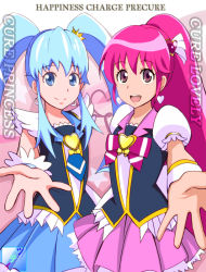 Rule 34 | 10s, 2girls, aino megumi, bad id, bad pixiv id, blue eyes, blue hair, blue skirt, character name, copyright name, cure lovely, cure princess, dress, earrings, english text, hair ornament, hair ribbon, happinesscharge precure!, happy, heart, jewelry, long hair, looking at viewer, magical girl, multiple girls, open mouth, pink eyes, pink hair, pink skirt, ponytail, precure, puffy sleeves, ribbon, shirayuki hime, shirt, skirt, smile, tsuti, twintails, wrist cuffs