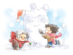 Rule 34 | 2boys, ace attorney, blue badger, boots, brown hair, christmas, closed eyes, coat, full body, grey eyes, grey hair, hat, holding, holding shovel, looking at object, male focus, miles edgeworth, mittens, multiple boys, open mouth, outdoors, pants, phoenix wright, red scarf, santa hat, scarf, short hair, shovel, smile, snow, snow sculpture, snowman, uni050520, winter, winter clothes, winter coat