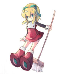 Rule 34 | 1girl, armor, armored boots, blonde hair, boots, broom, buttons, capcom, full body, green eyes, green hair, hairband, knee boots, long sleeves, looking at viewer, matching hair/eyes, mega man (classic), mega man (series), red skirt, roll (mega man), short hair, simple background, skirt, smile, solo, standing, white background, wrist cuffs