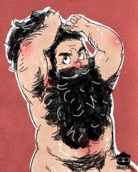 Rule 34 | 1boy, arm up, armpits, bara, beard, belly, black hair, completely nude, cowboy shot, dungeon meshi, dwarf, excessive armpit hair, excessive pubic hair, facial hair, fat, fat man, highres, long beard, male focus, nude, outline, penis, penis peek, pubic hair, senshi (dungeon meshi), sinmhee, solo, thick mustache, tying hair, unfinished, very long beard, white outline