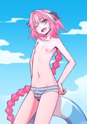 Rule 34 | 1boy, absurdres, astolfo (fate), bulge, fate (series), hej (pixiv13035031), highres, nipples, panties, striped clothes, striped panties, topless, trap, underwear