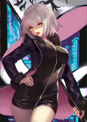 Rule 34 | 1girl, ahoge, black coat, black dress, breasts, building, city, cityscape, coat, collarbone, cowboy shot, dark persona, dress, fate/apocrypha, fate/grand order, fate (series), flag, fur, fur trim, hair between eyes, hand on own hip, head tilt, highres, holding, holding flag, holding weapon, jeanne d&#039;arc (fate), jeanne d&#039;arc alter (fate), jeanne d&#039;arc alter (ver. shinjuku 1999) (fate), jewelry, large breasts, looking at viewer, necklace, official alternate costume, open mouth, outdoors, short dress, short hair, silver hair, solo, standing, strapless, strapless dress, teeth, terai (teraimorimori), tube dress, weapon, yellow eyes