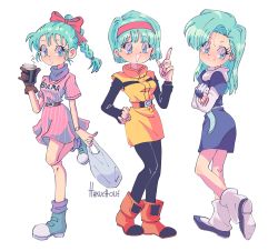 Rule 34 | 1girl, absurdres, ankle boots, aqua belt, aqua footwear, aqua hair, arm at side, artist name, bag, belt, black leggings, blue dress, blue eyes, blue footwear, blunt bangs, boots, braid, braided ponytail, breasts, brown belt, brown gloves, bulma, character name, clothes writing, contrapposto, crossed arms, cup, disposable cup, dot nose, dragon ball, dragon ball (classic), dragonball z, dress, earrings, eyelashes, facing viewer, fingernails, foot up, full body, gloves, grin, hair down, hair ribbon, hair strand, hair tie, hairband, hakuchoue, hand on own hip, hand up, highres, holding, holding bag, holding cup, index finger raised, jewelry, knees together feet apart, leg warmers, leggings, legs together, light blush, long eyelashes, long hair, long sleeves, looking to the side, loose socks, multiple views, orange belt, orange footwear, parted lips, pink dress, plastic bag, purple legwear, purple neckwear, purple scarf, red hairband, red ribbon, ribbon, scarf, shoes, short dress, short hair, simple background, single glove, skirt, small breasts, smile, socks, standing, standing on one leg, steam, striped clothes, striped dress, stud earrings, swept bangs, vertical-striped clothes, vertical-striped dress, waistcoat, watch, white background, wristwatch, yellow skirt