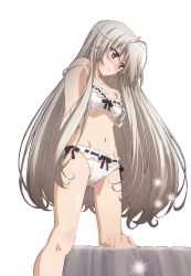 Rule 34 | 1girl, barefoot, bed, blush, bra, breasts, closed mouth, highres, kasugano sora, long hair, looking away, looking to the side, medium breasts, official art, panties, solo, standing, standing on one leg, transparent background, underwear, underwear only, yosuga no sora
