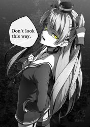 Rule 34 | 1girl, alternate language, amatsukaze (kancolle), ass, choker, dress, ebiblue, english text, from side, garter straps, gesugao, greyscale, hair tubes, hairband, hand on own hip, hand up, hat, kantai collection, long hair, looking at viewer, looking back, monochrome, open mouth, panties, red eyes, sailor collar, sailor dress, see-through, shaded face, short dress, sidelocks, signature, slit pupils, solo, spot color, thighhighs, twintails, twitter username, two side up, underwear, yellow eyes