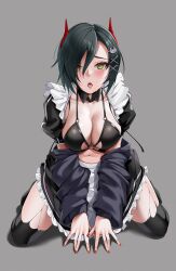 Rule 34 | 1girl, apron, azur lane, bikini, bikini top only, black bikini, black hair, black jacket, black thighhighs, blush, breasts, cat hair ornament, cleavage, collarbone, commentary, commission, detached collar, full body, grey background, hair between eyes, hair ornament, hair over one eye, highres, horns, jacket, kneeling, large breasts, looking at viewer, maid, maid bikini, maid headdress, matrix16, midriff, nail polish, navel, o-ring, o-ring top, off shoulder, official alternate costume, open mouth, puffy short sleeves, puffy sleeves, red horns, red nails, shadow, short hair, short sleeves, sidelocks, simple background, skindentation, skirt, solo, sweat, swimsuit, teeth, thighhighs, tongue, tongue out, ulrich von hutten (azur lane), ulrich von hutten (mayhem maid) (azur lane), unconventional maid, upper teeth only, white apron, x hair ornament, yellow eyes