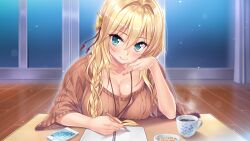 Rule 34 | 1girl, :&gt;, blonde hair, blush, braid, breasts, cellphone, chika (uchi no koibito), cleavage, closed mouth, coffee, coffee cup, cup, disposable cup, eyebrows hidden by hair, female focus, game cg, green eyes, hair between eyes, hand on own cheek, hand on own face, head tilt, highres, indoors, large breasts, long hair, looking at viewer, notebook, original, phone, single braid, sitting, smile, solo, table, uchi no koibito, upper body, writing, yamakaze ran
