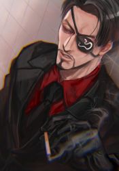 Rule 34 | 1boy, aomi nekosuki, black gloves, black hair, black necktie, black suit, cigarette, eyepatch, facial hair, formal, gloves, goatee, highres, holding, holding cigarette, lips, long sleeves, looking down, majima goro, male focus, mature male, necktie, no bangs, one eye covered, red shirt, ryuu ga gotoku (series), ryuu ga gotoku 3, shirt, smoke, smoking, solo, suit, symbol-only commentary, v-shaped eyebrows