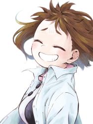 Rule 34 | 1girl, backlighting, blush, bodysuit, bodysuit under clothes, boku no hero academia, breasts, brown hair, coat, closed eyes, grin, highres, large breasts, looking at viewer, looking to the side, mon hrak, shirt, short hair, simple background, smile, solo, teeth, tight clothes, twitter username, uniform, uraraka ochako, watermark, white background, white shirt