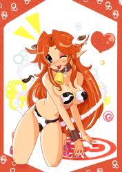 Rule 34 | 1girl, animal ears, animal print, bell, bikini, blue eyes, blush, breasts, cleavage, collar, cow ears, cow girl, cow print, cowbell, eyeshadow, highres, horns, kneeling, large breasts, lips, lipstick, long hair, luigi64, makeup, malon, nail polish, neck bell, nintendo, one eye closed, orange hair, pointy ears, sandals, smile, solo, swimsuit, the legend of zelda, the legend of zelda: ocarina of time, underboob, wink