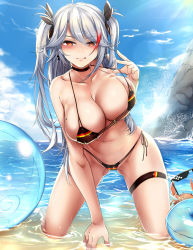 Rule 34 | 1girl, absurdres, antenna hair, azur lane, bare arms, bare legs, bare shoulders, barefoot, beach, bikini, black bikini, black choker, black ribbon, blue sky, blush, breasts, cameltoe, choker, cleavage, closed mouth, cloud, collarbone, covered erect nipples, crab, crustacean, day, deal with it (meme), fingernails, flag print, full body, german flag bikini, gluteal fold, groin, hair between eyes, half-closed eyes, hand up, highres, innertube, kana616, kneeling, large breasts, long hair, looking at viewer, meme, mole, mole on breast, multi-strapped bikini bottom, multi-strapped bikini top, navel, ocean, outdoors, prinz eugen (azur lane), prinz eugen (unfading smile) (azur lane), pulling own clothes, ribbon, rock, side-tie bikini bottom, silver hair, sky, smile, solo, stomach, strap gap, strap pull, sunglasses, swim ring, swimsuit, thigh strap, two side up, water, waves