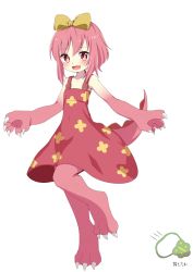 Rule 34 | 1girl, :d, animal hands, bare arms, bare shoulders, blush, bow, claws, collarbone, dress, fangs, hair between eyes, hair bow, kai himo, long hair, looking at viewer, monster girl, open mouth, original, pink dress, pink hair, print dress, red eyes, sidelocks, sleeveless, sleeveless dress, smile, solo, standing, standing on one leg, translation request, white background, yellow bow