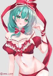 Rule 34 | 1girl, arm ribbon, bikini, bow, breasts, cismlyri, cleavage, frilled bow, frilled ribbon, frills, front ponytail, green eyes, green hair, hair ribbon, highres, kagiyama hina, large breasts, looking at viewer, navel, open mouth, red bikini, red bow, red ribbon, ribbon, simple background, smile, solo, swimsuit, touhou, twitter username