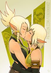 Rule 34 | 2girls, armor, artist name, bad id, bad pixiv id, bare back, bare shoulders, beads, belt pouch, black gloves, blonde hair, blush, bob cut, braid, breasts, cleophee, closed eyes, commentary, earrings, elbow gloves, elf, english commentary, evangelyne (wakfu), fenixman12, fingerless gloves, freckles, gloves, gold earrings, green shirt, hair beads, hair ornament, hand on another&#039;s back, hand on another&#039;s neck, height difference, highres, incest, jewelry, kiss, medium breasts, multiple girls, multiple views, outside border, pointy ears, ponytail, pouch, shirt, siblings, side braid, signature, sisters, sleeveless, sleeveless shirt, upper body, wakfu, yuri